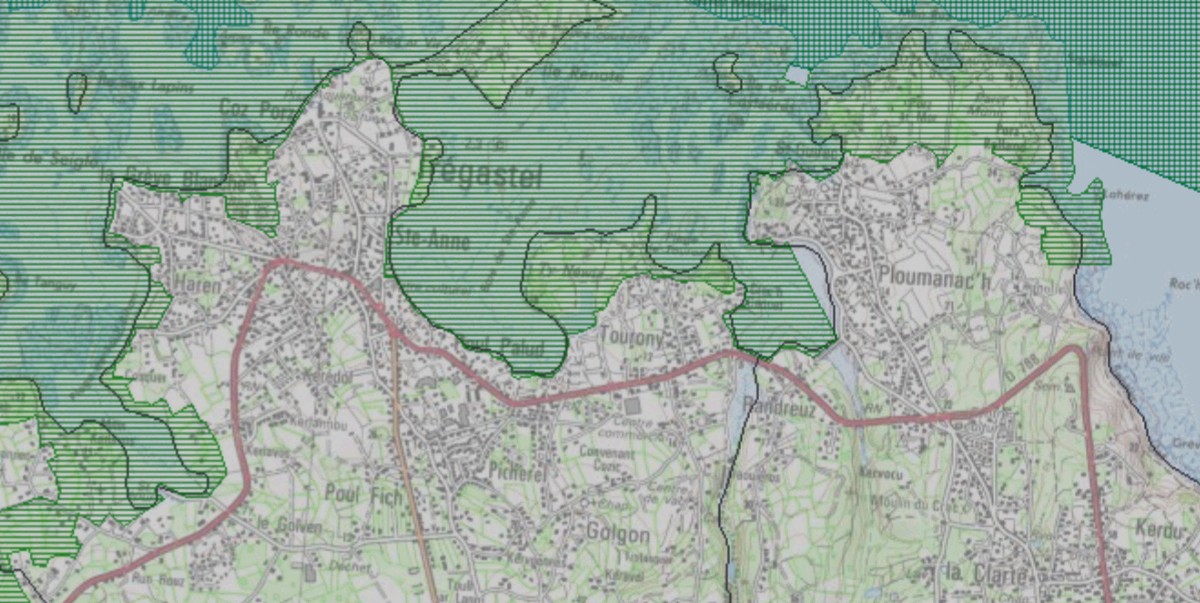 Carte de la zone Natura 2000 montrant qu’elle se situe au nord des moulins à marée, tandis que les vallées des Traouïero sont au sud